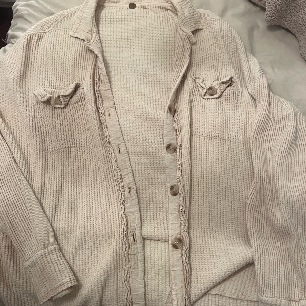 Free People Cream Waffle Knit Button-Up Shirt
